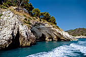 La costa cesellata di grotte create dall'erosione del calcare con anfratti; rientranze e rotture.